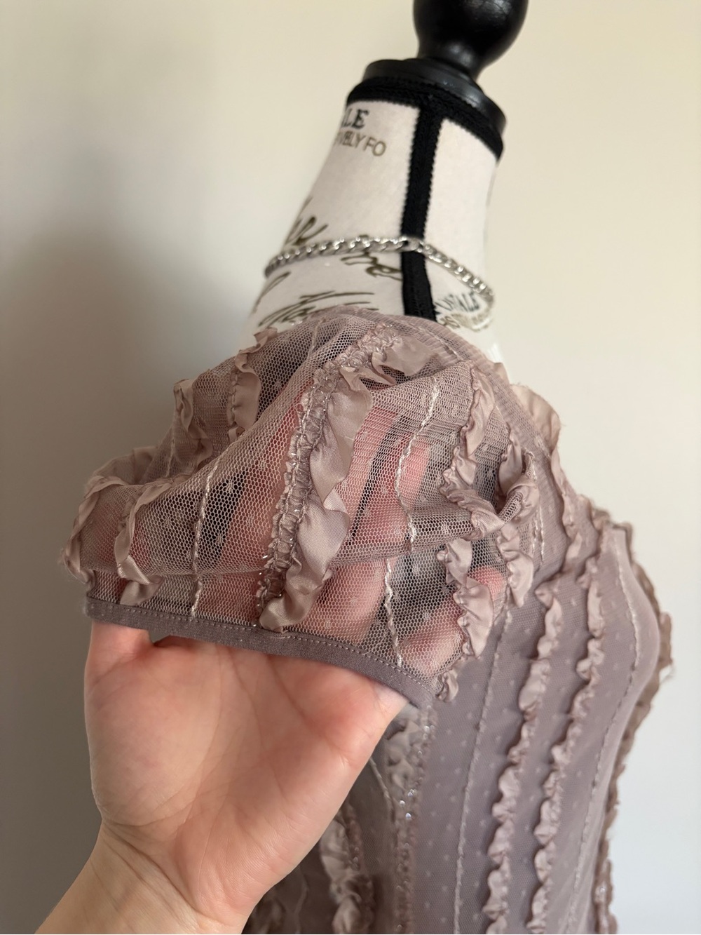 Y2K Light Brown Fairycore Puff Sleeve Swiss Dot Ruffle Lace Top - Picture 5 of 11